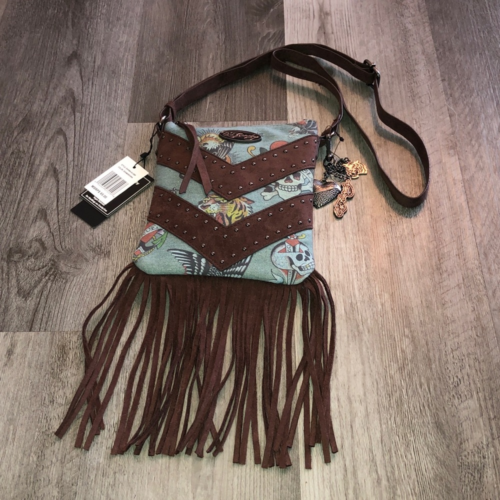 Ed Hardy Denim & Brown Faux Suede Fringe Crossbody Bag Tattoo Print & Studs NWT